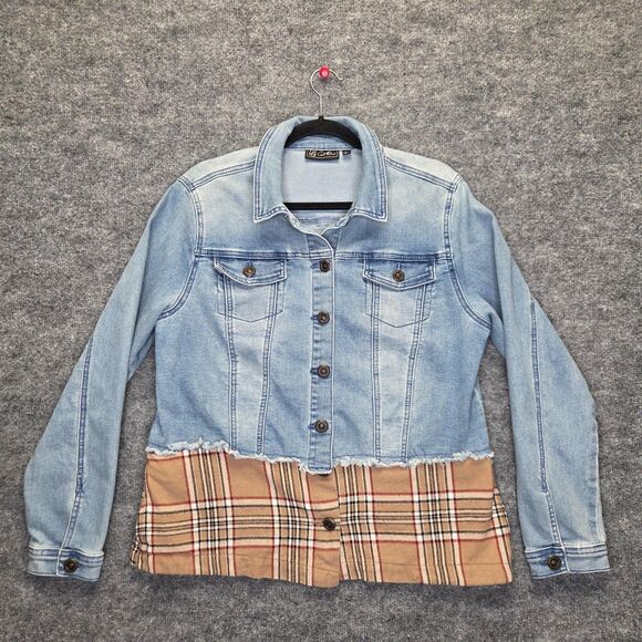 DG2 by Diane Gilman Jackets & Blazers - DG2 Diane Gilman Jacket Womens Large Denim Plaid Nova Contrast Hem Button Front
